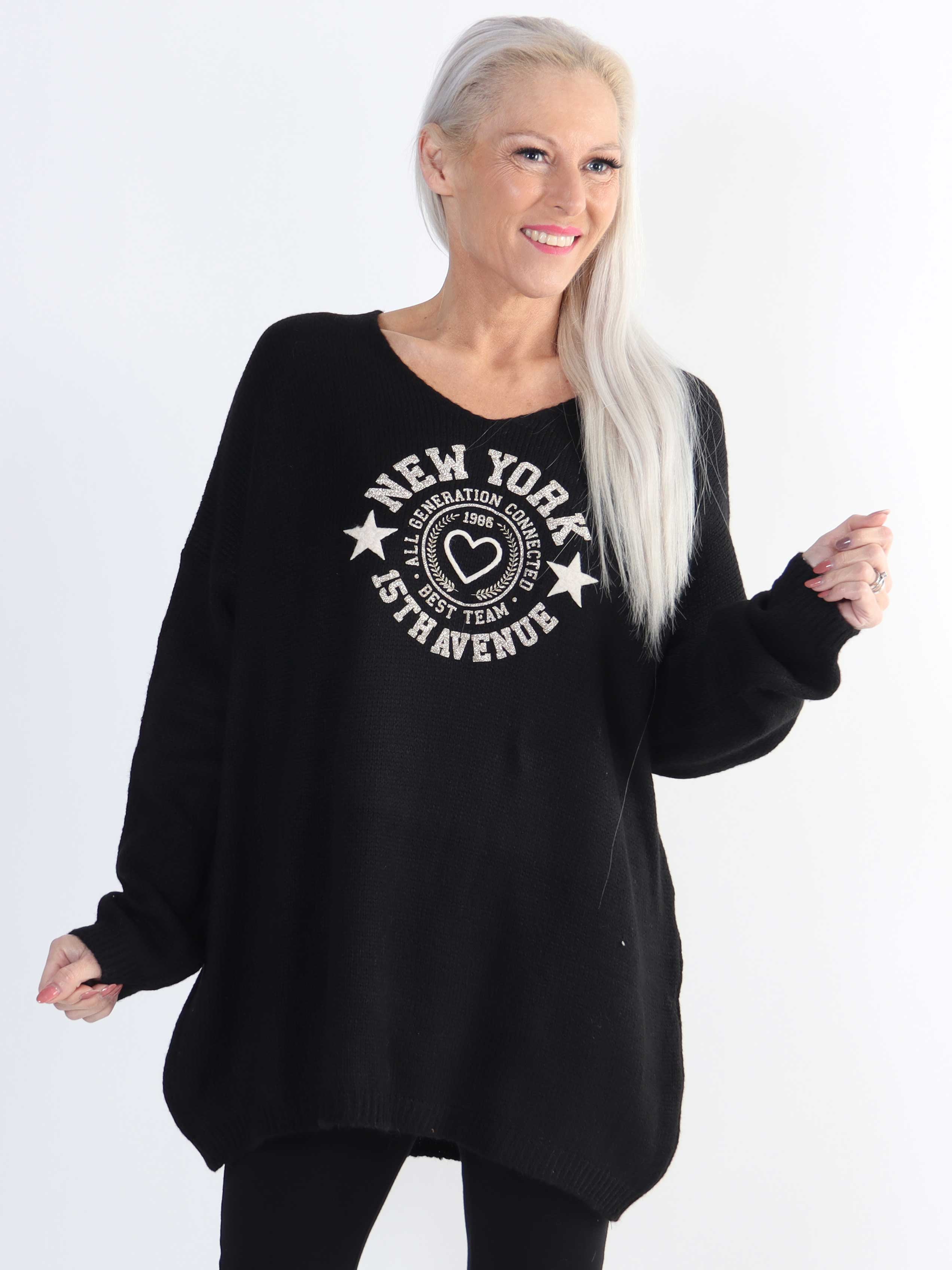 Achilla - Plus size strikbluse med guld print foran